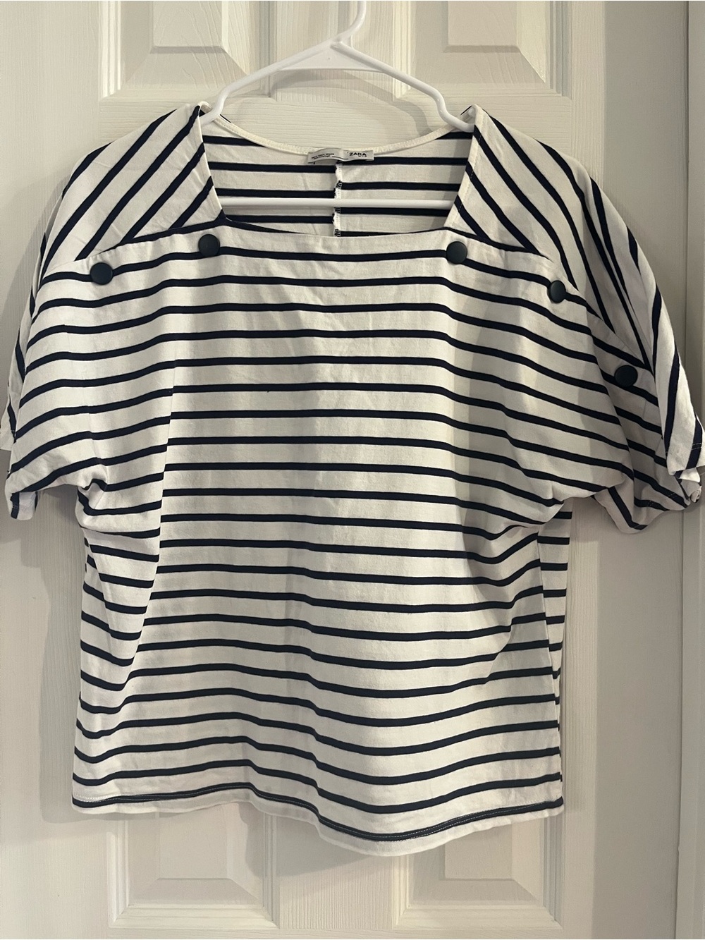 Zara Navy Blue & White Striped Short-Sleeve Top with Button Accents